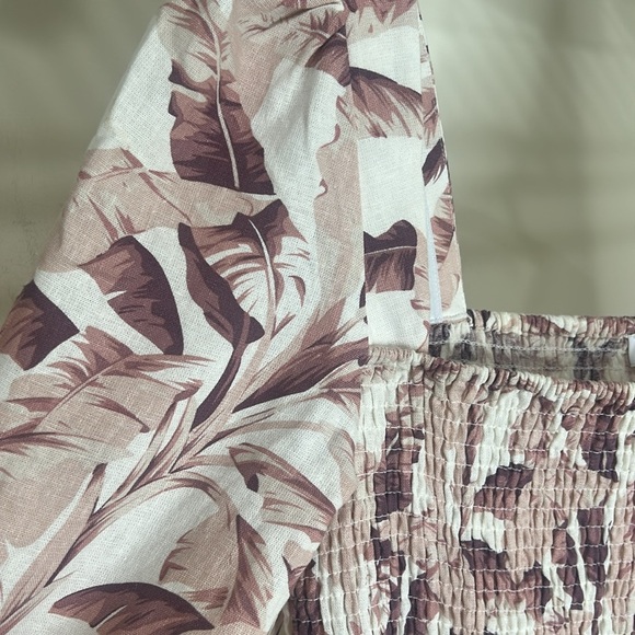 House of Harlow 1960 Linen Smocked Pink Palm Midi Dress Bishop Sleeve Medium - Picture 4 of 16